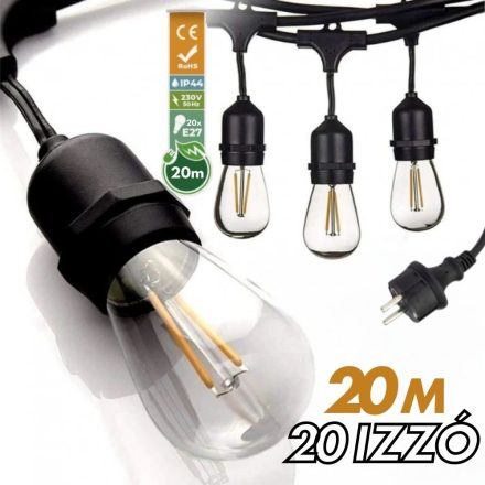 Kültéri fényfüzér girland 20m + 21db 1W LED izzó IP44 E27