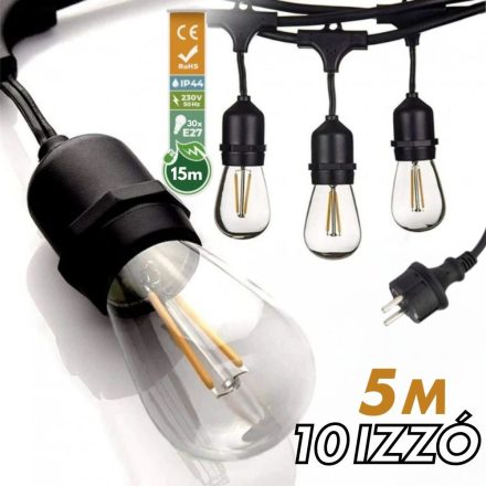 Kültéri fényfüzér girland 5m + 11db 1W LED izzó IP44 E27