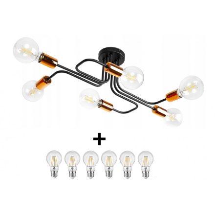 Glimex Louis fix mennyezeti lámpa fekete réz/króm 6x E27 + ajándék LED izzók
